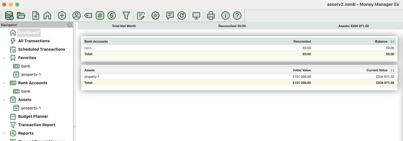 Money Manager Ex account list showing balances across checking, savings and credit-card accounts